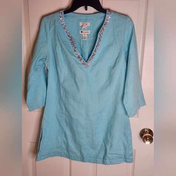 Malvin M Turquoise 100%Linen V-Neck Rhinestones  3/4 Sleeve Women Blouse Tunic - Picture 1 of 8